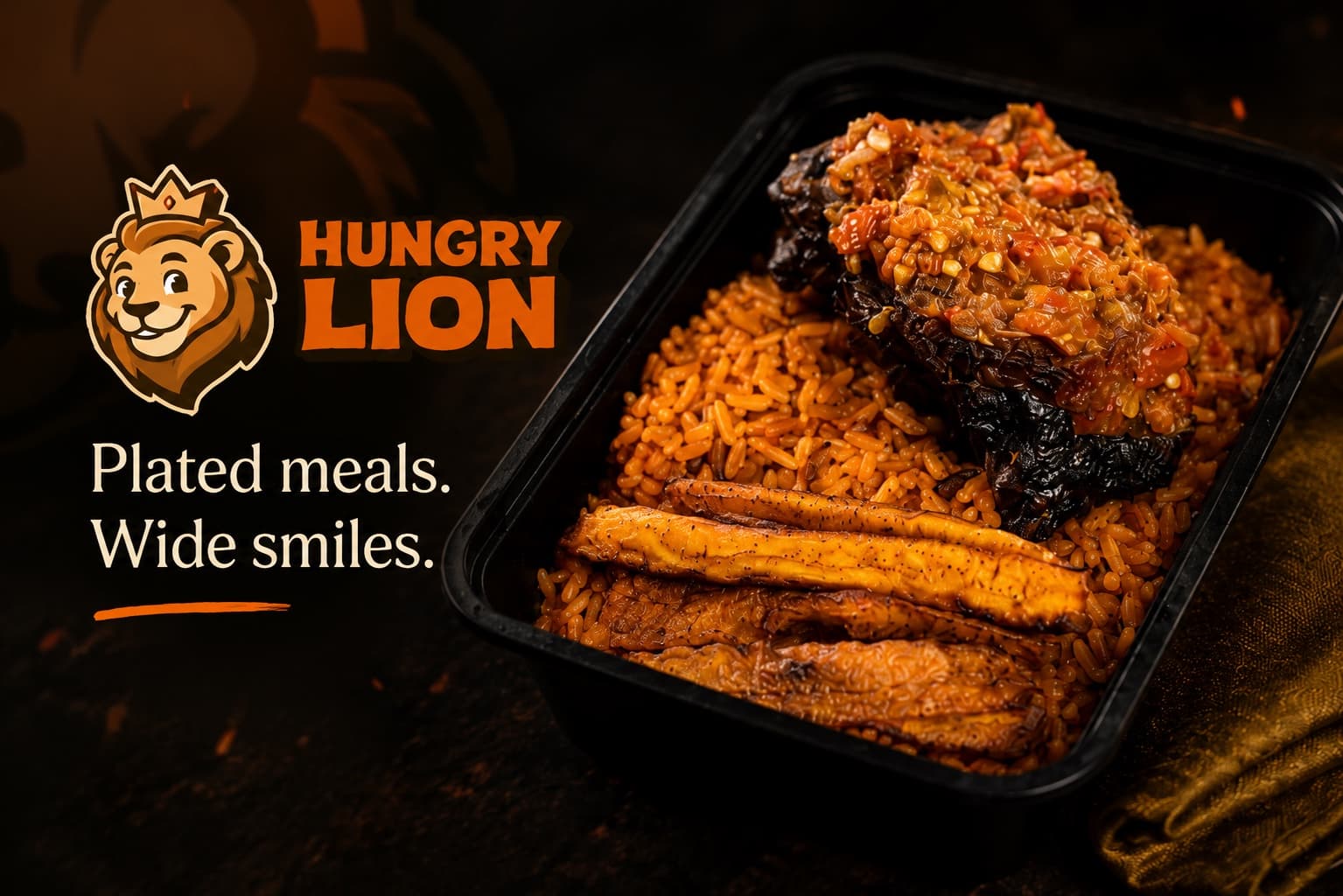 Hungry Lion — jollof rice, plantain and beef in a takeaway pack