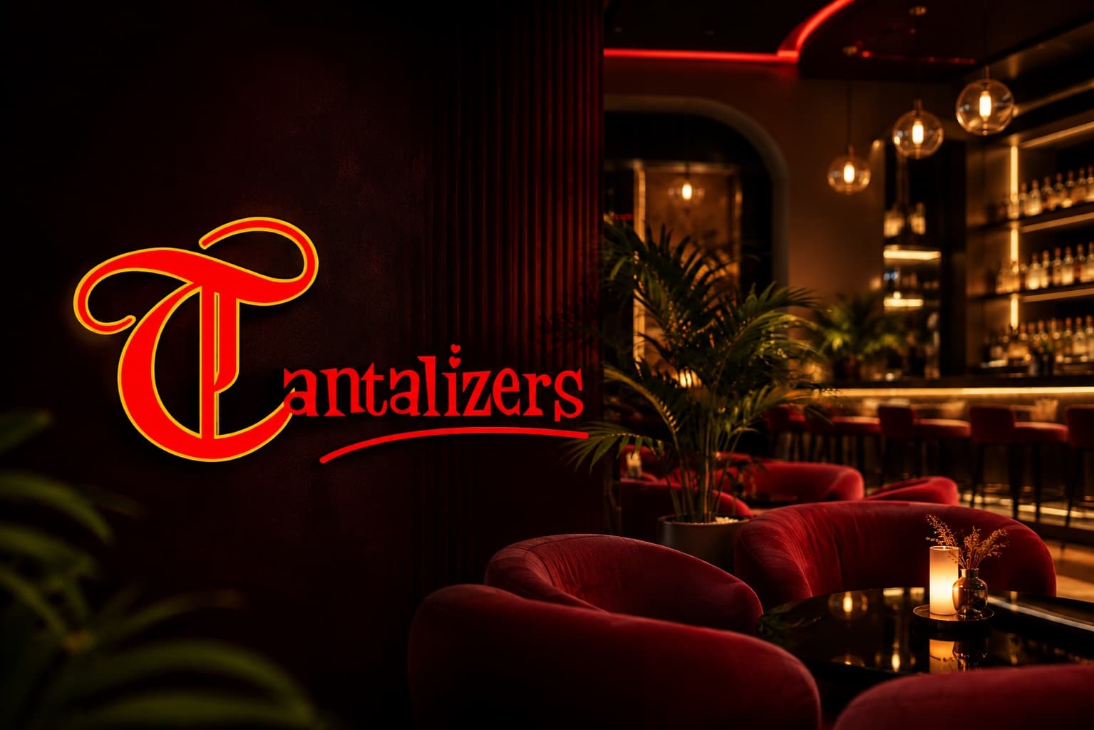 Tantalizers — the lit sign above the seating area